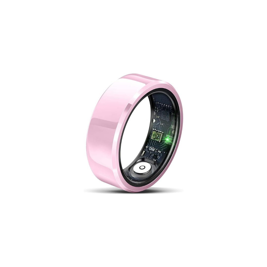 A pink Kayza Collective Ceramic Health Smart Ring V1 with a digital display showing health monitoring features.