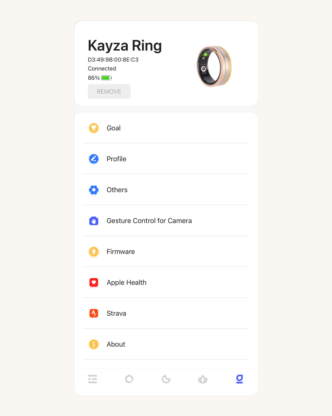 Kayza PRO ring paired in the Da Rings app, with Apple Health and Strava sync and firmware updates